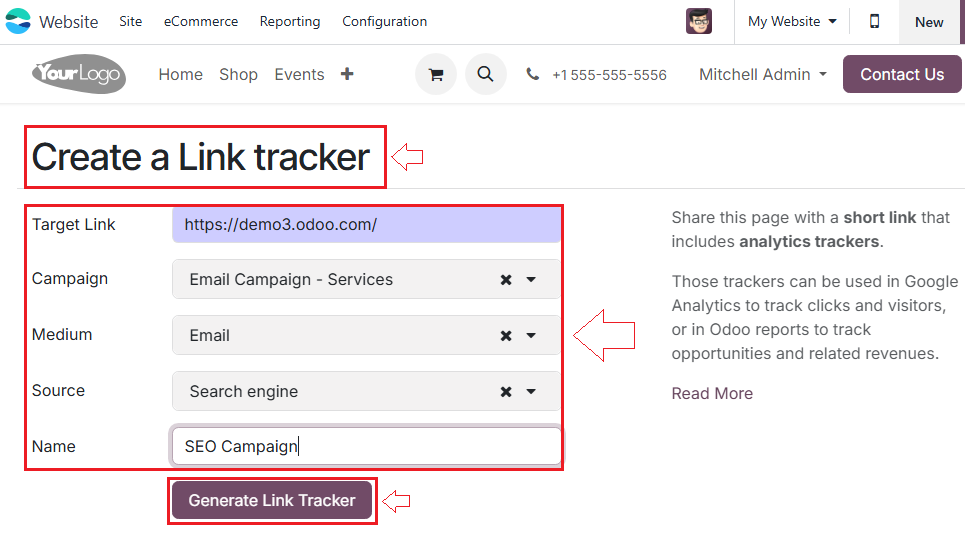 Odoo Link Tracker Create